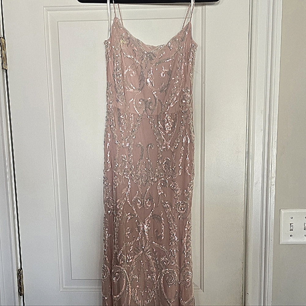 Pink and Gold Sequin Maxi Dress with Spaghetti Straps
